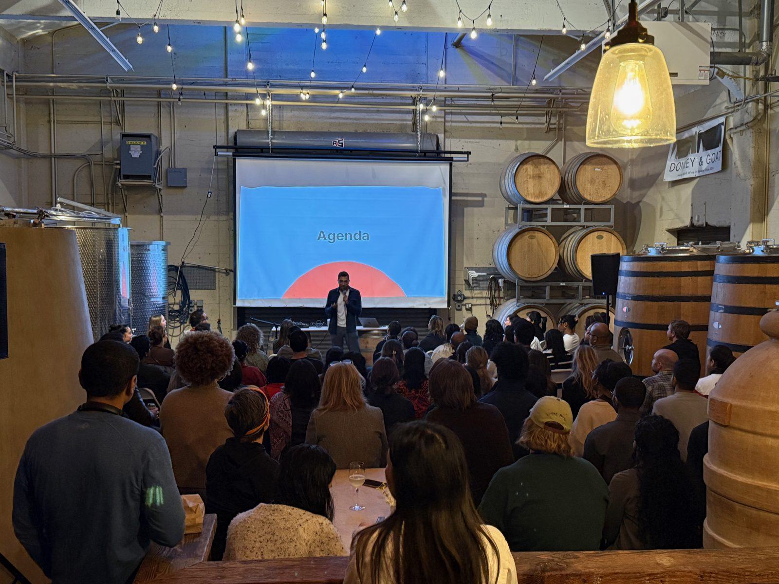 A full room for a talk in the main winery